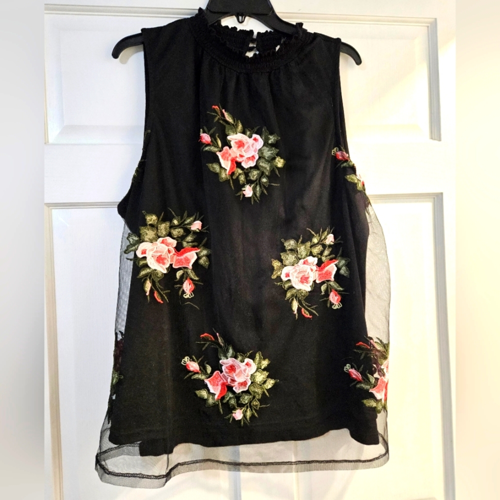Floral Embroidered Black Sleeveless Top